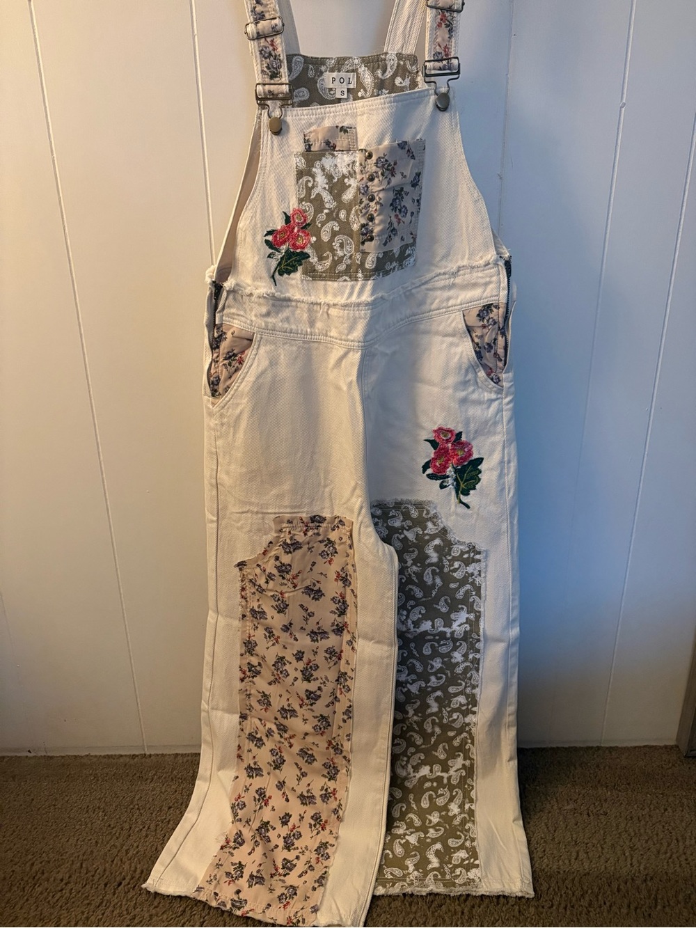 POL White Patchwork Floral Embroidered Overalls